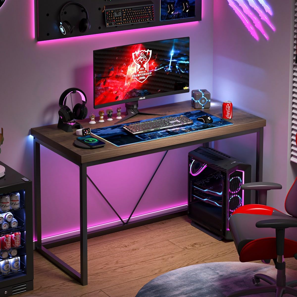 FOLUBAN Modern Home Office Desk, Rustic Wood and Metal Computer Desk, Industrial Study Writing Gaming Table Workstation, Vintage Laptop PC Desk, Oak 47 Inch