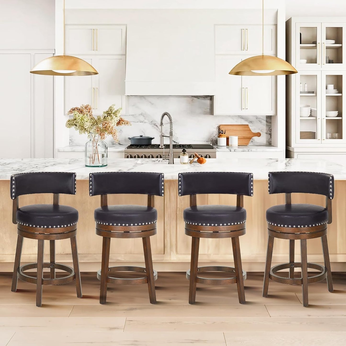 COLAMY Swivel Bar Stools Set of 4, 25 Inch Wood Swivel Barstools with Back, Counter Height Bar Stools, Modern Upholstered Barstools for Kitchen Island Dining Room Bar, Dark Brown