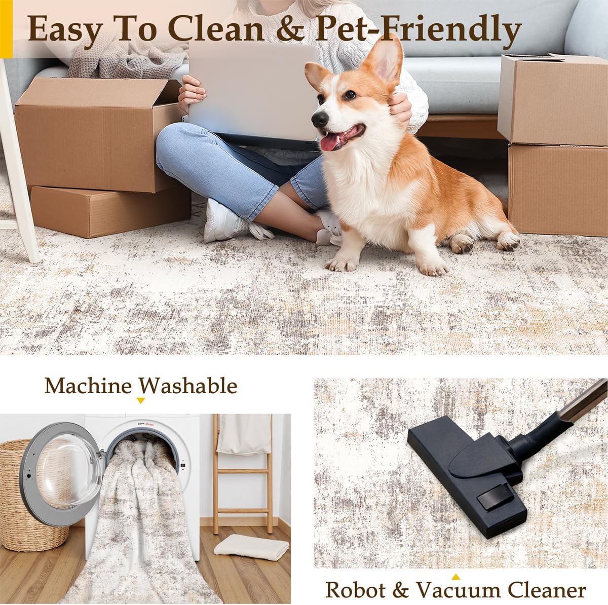 12x15 Washable Area Rug Beige Grey Neutral Abstract Living Room Bedroom Large Throw Rug Non Slip Soft Low Pile Indoor Floor Carpet for Dining Room Kitchen Office Entryway