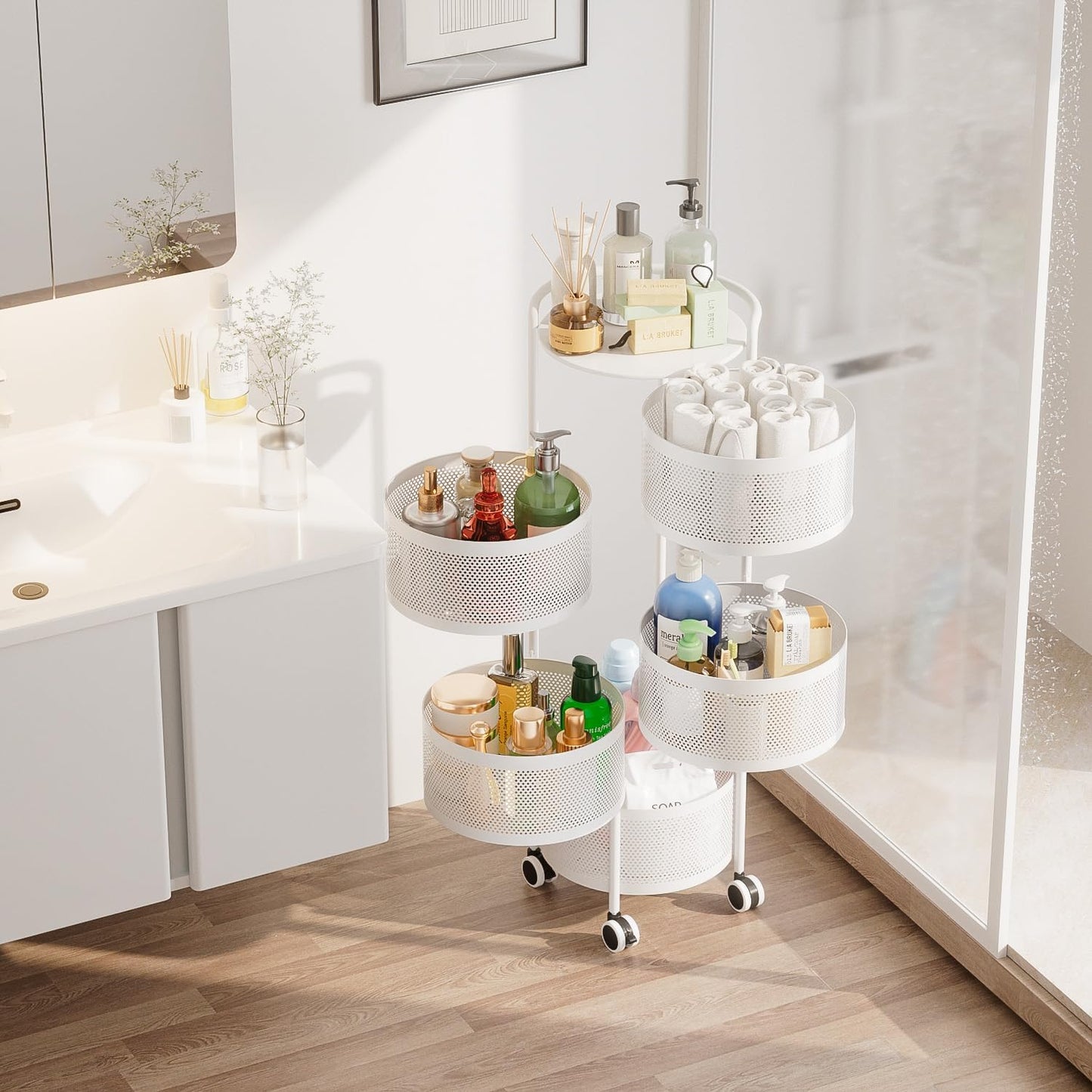 JAQ Rotating Fruit Basket, 5-Tier Metal Sturdy Kitchen Storage Rack Carts No Assembly on Rolling Wheels for Fruit Vegetable Grocery Corns Potato Onion in Bathroom(White, 5-Tier)