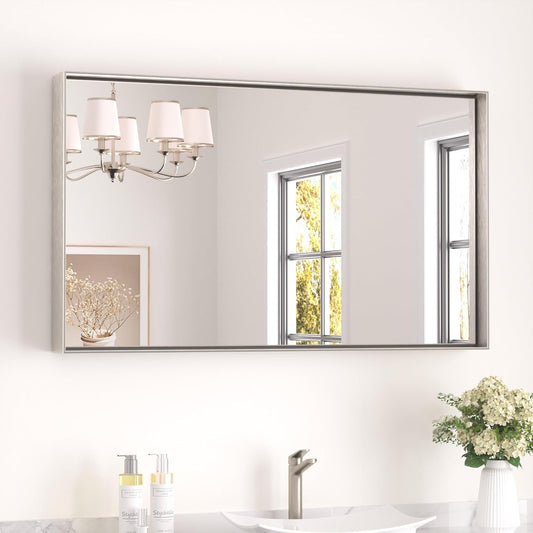 Keonjinn 40 x 24 in Brushed Nickel Bathroom Mirror for Wall, Silver Rectangular Metal Framed Vanity Mirror for Bathroom Sink Square Corner Aluminum Alloy Modern Rectangle Mirror(Horizontal/Vertical)