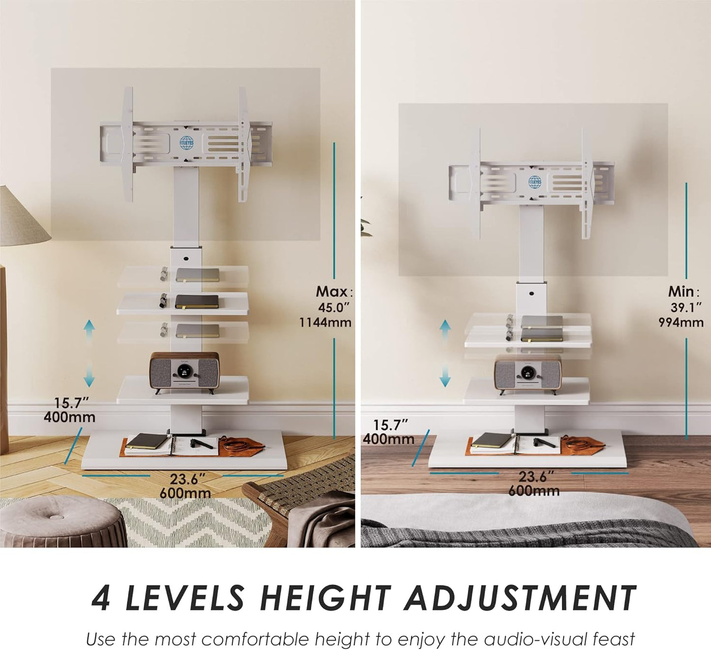FITUEYES Iron Base Universal Floor TV Stand with Swivel Tilt, TV Mount Stand for 32-75 Inch Screens, Corner TV Stand with Height Adjustable Entertainment Shelves (White)
