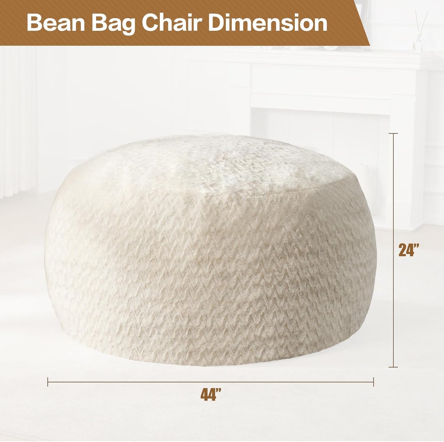 Hobestluk 4ft Bean Bag Chairs for Adults Large Beanbag Chair with Chevron Plush Fur Cover Big Bean Bag Chair for Living Room Bedroom Dorm Office - White (44” x 44” x 24”)