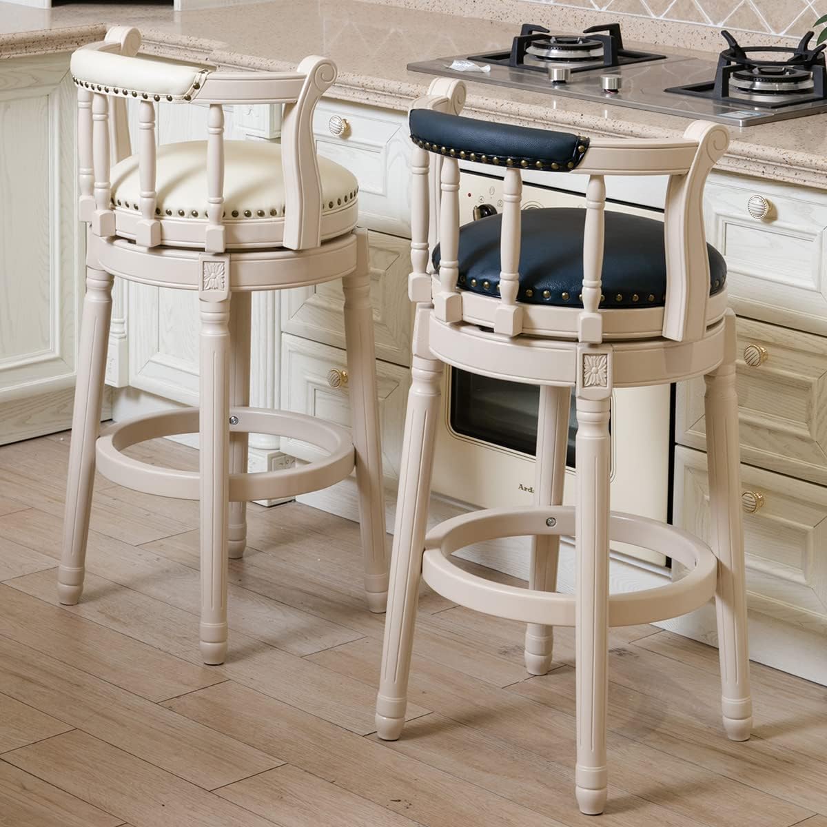 Cow top Leather Wooden Bar Stools, 360 Degree Swivel Bar Height Chair with Backs for Home Kitchen Counter, Morden Chair Barstools (Ivory Wood 1pc-Blue Seat, Bar Height-Seat Height 29.5”)