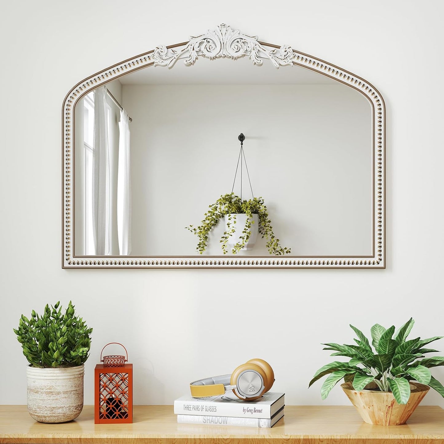 42''x32'' Baroque Wide Arched Wall Mirror, Ornate Wooden Farmhouse Arch Decorative Mirrors for Entryway, Fireplace, Bathroom with Beads Decor