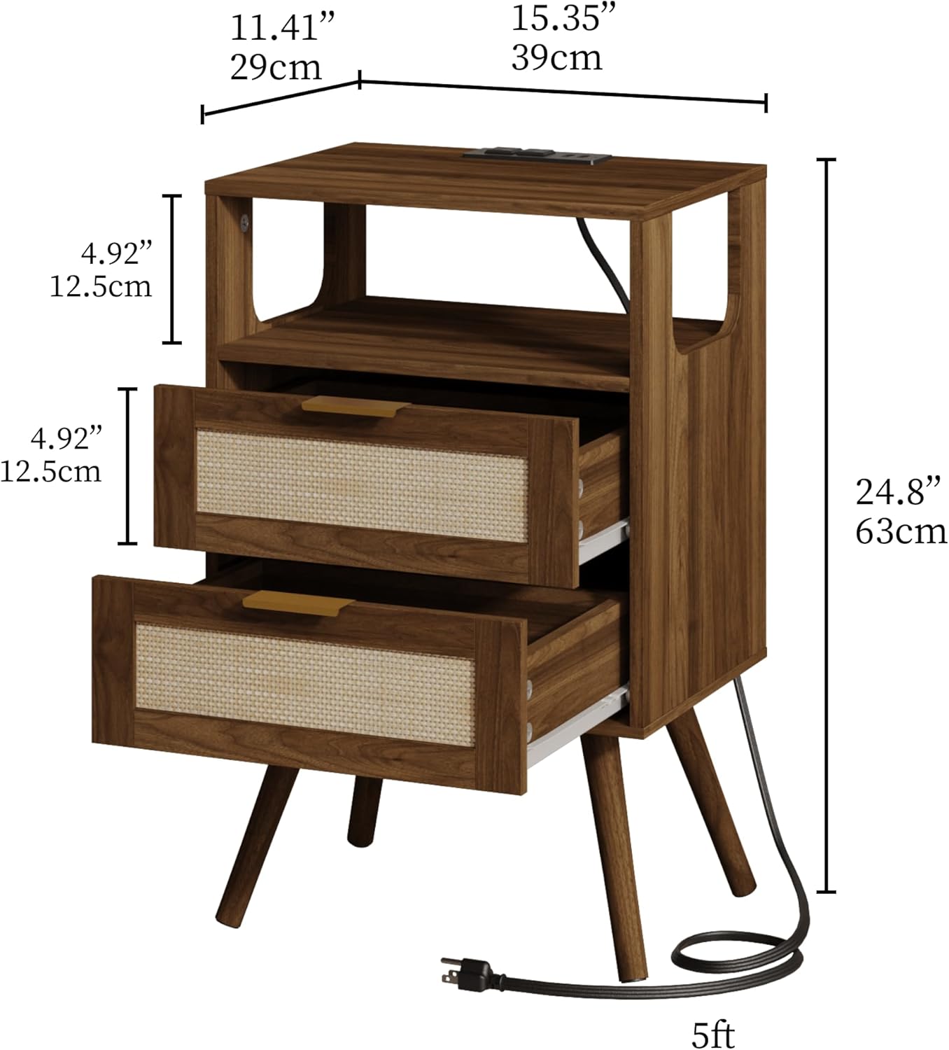 Rattan Nightstand with Charging Station,Farmhouse Bedside Table with 2 Storage Drawer and Open Wood Shelf, for Bedroom and Small Spaces,Night Stand with Solid Wood Legs (Walnut Brown-Outlet)