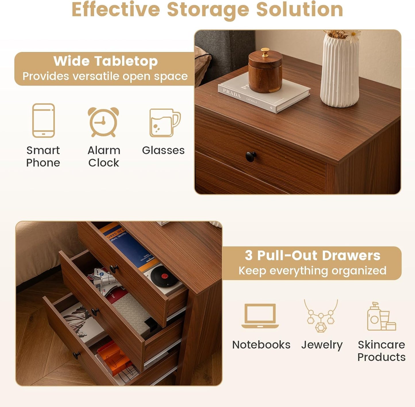 KOMFOTT 3 Drawers Nightstand, Wooden Bedside Table, Modern Sofa Side End Table, Space-Saving Telephone Table, Chest of Drawers for Living Room, Bedroom & Office (1, Walnut)