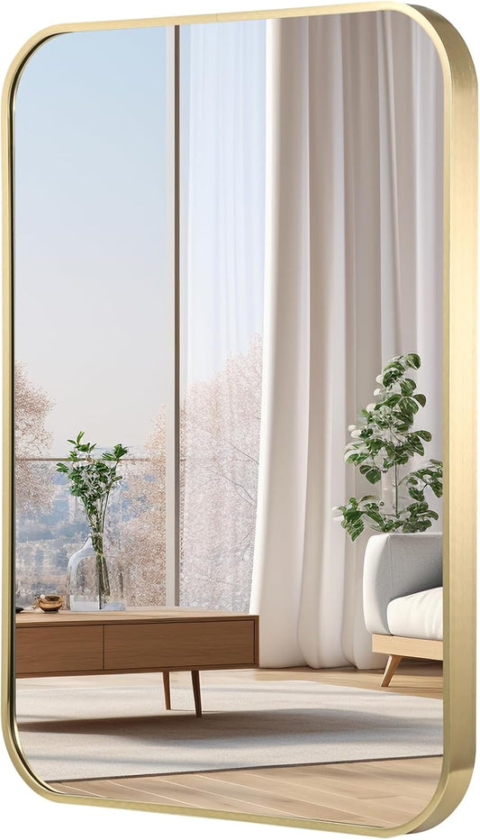 30x36 Inch Gold Bathroom Mirror, Brushed Gold Metal Framed Rectangular Mirror with Rounded Corner, Bathroom Vanity Mirror for Bedroom or Living Room, Horizontal/Vertical