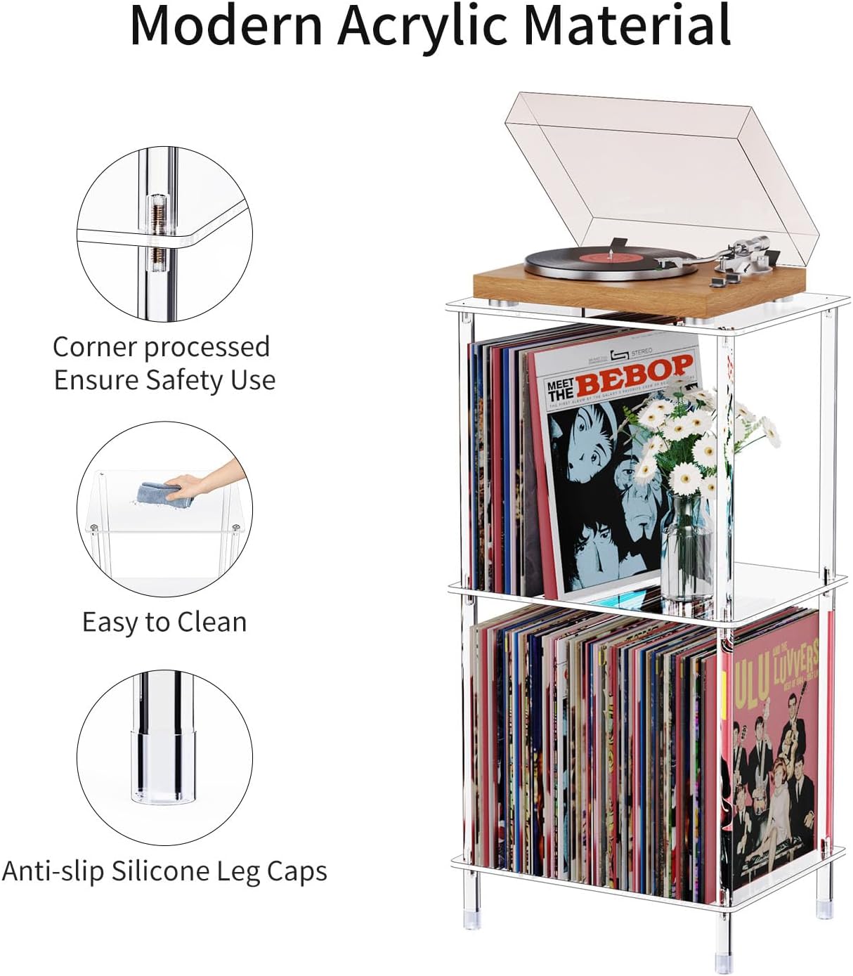Acrylic Record Player Stand, 3-Tier Clear Turntable Table with Vinyl Record Storage, 15.75" L x 11.81" W x 30.7" H, Modern Side Table/End Table