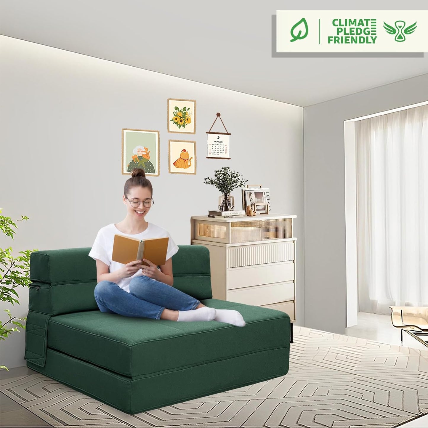 ANONER Fold Out Couch Bed Memory Foam Sleeper Chair with 2 Pillows, Queen Size Futon Couch Guest Convertible Chair Bed, Washable Cover, Dark Green