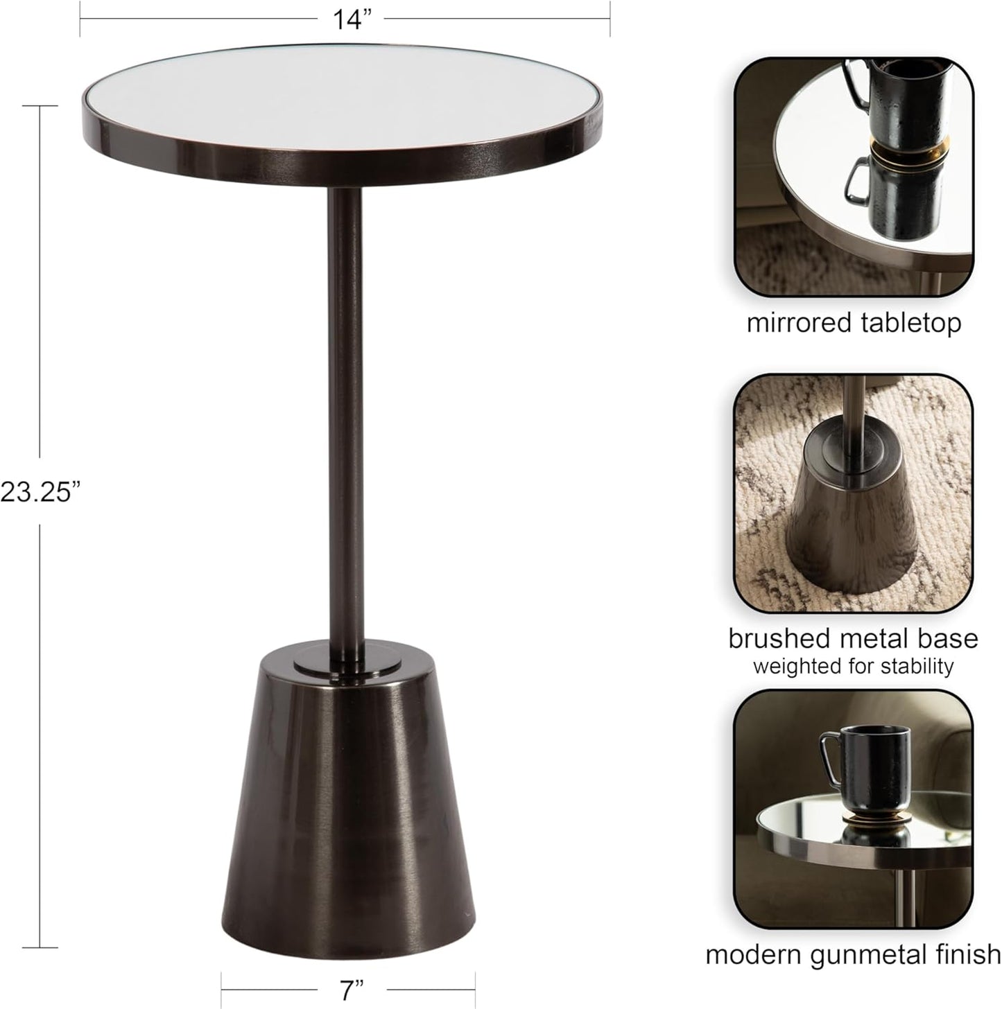 Kate and Laurel Tira Elegant Round Mirrored Side Table, 14 x 14 x 24, Gray Gunmetal, Modern Circle End Table for Use as Bedroom Nightstand or Living Room Plant Stand Table