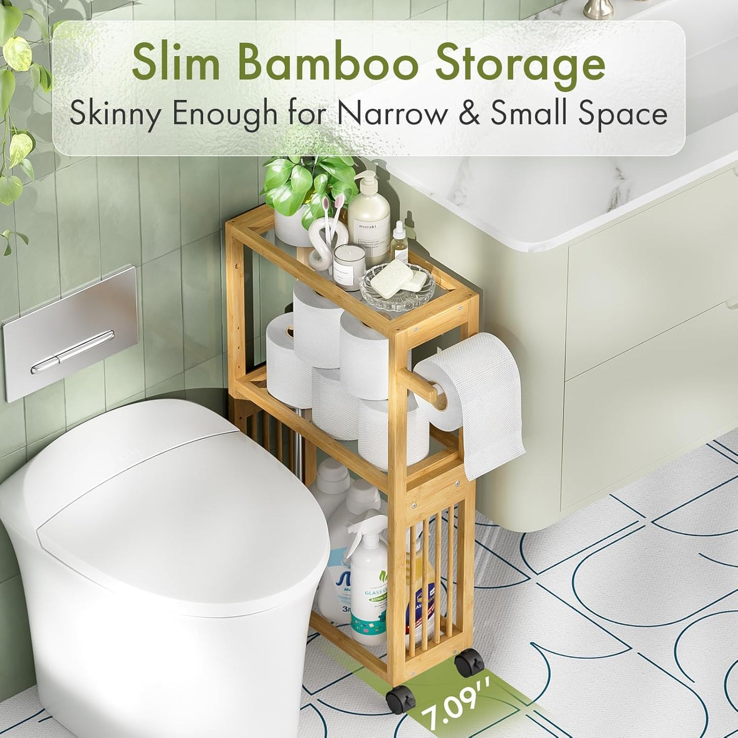 AmazerBath Slim Toilet Paper Holder with Storage Shelf Bamboo - Small Bathroom Storage Cabinet Next to Toilet, Skinny Shelf for Small Spaces, 3 Tier Rolling Stand for Bathroom Kitchen, Natural Color