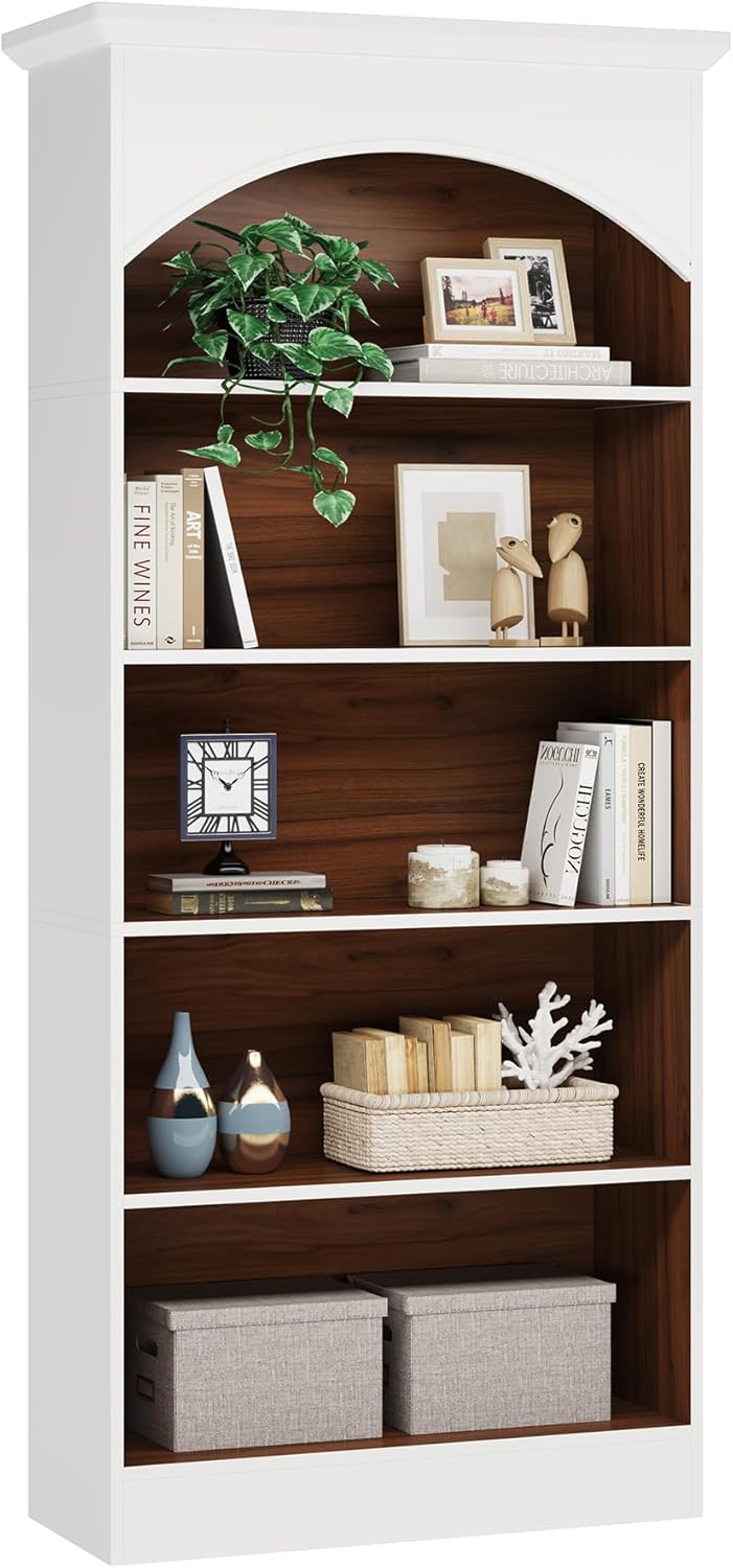 LITTLE TREE 70.9" White Bookcase, 5-Tier Tall Bookshelf with Open Shelves, Wooden Vintage Free-Standing Book Shelf for Living Room, Home Office, Bed Room