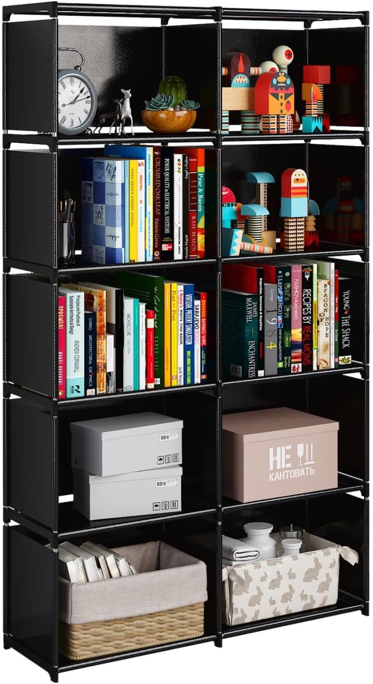 JIUYOTREE 6-Tiers Portable Bookshelf with Fabric Cloth at Back, 10 Cube Closet Storage Organizer Bookcase, Living Room,Study Room,Bedroom, Black