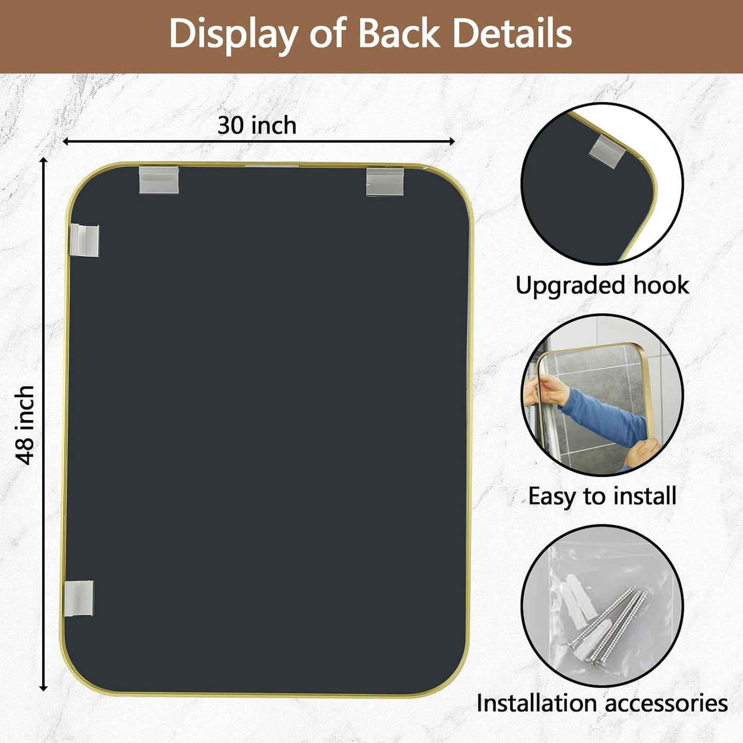 48x30 Inch Gold Mirror, Framed Rectangle Mirror with Rounded Corner, Brushed Brass Mirror, Gold Bathroom Mirror for Over Sink, Vanity, Living Room, Bedroom, Horizontal/Vertical