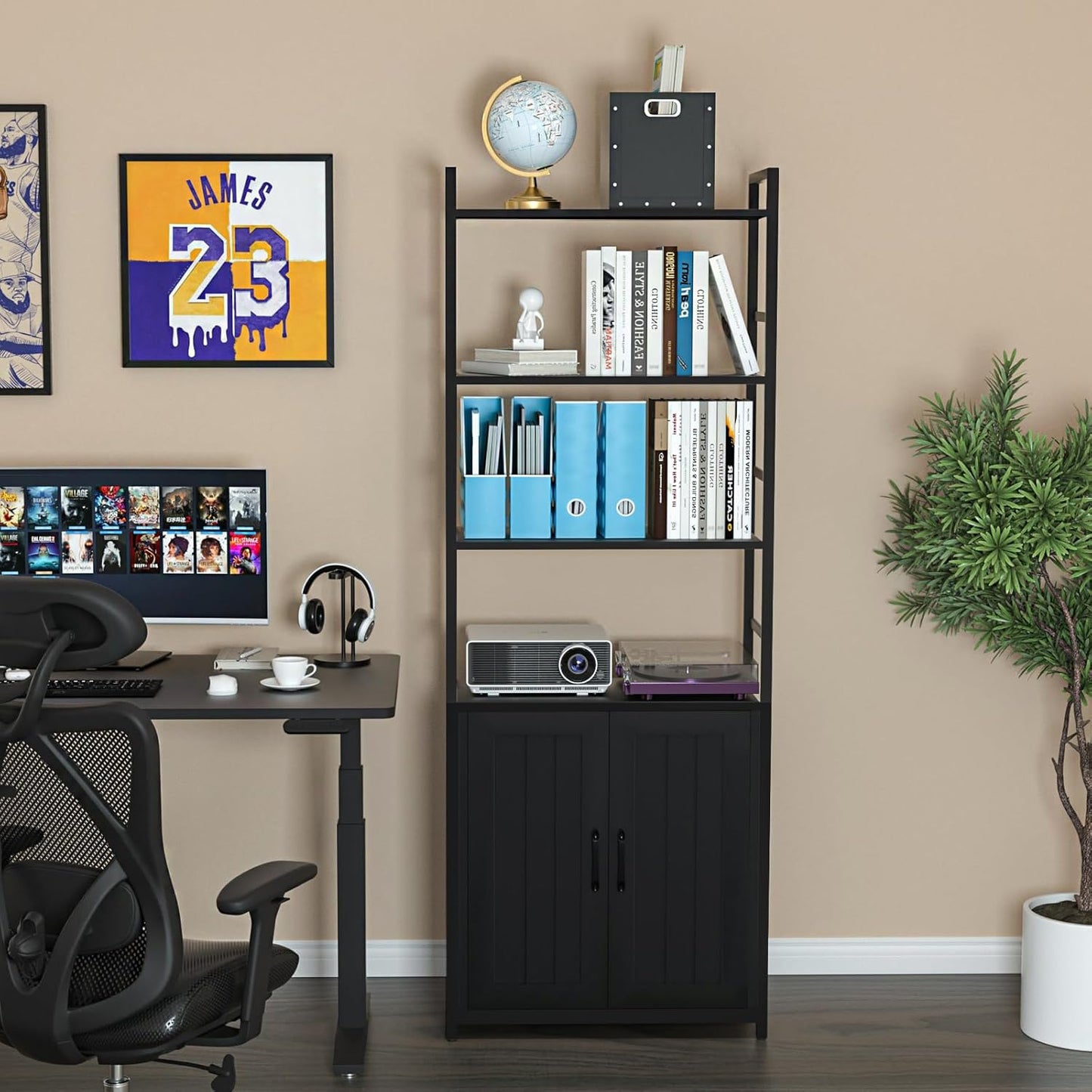 Black Bookshelf with Doors,70" Tall Bookcase with Storage Cabinet,6 Tier Book Shelf for Living Room/Bedroom/Office/Kitchen,70"(H)*26"(L)*11.8"(W)