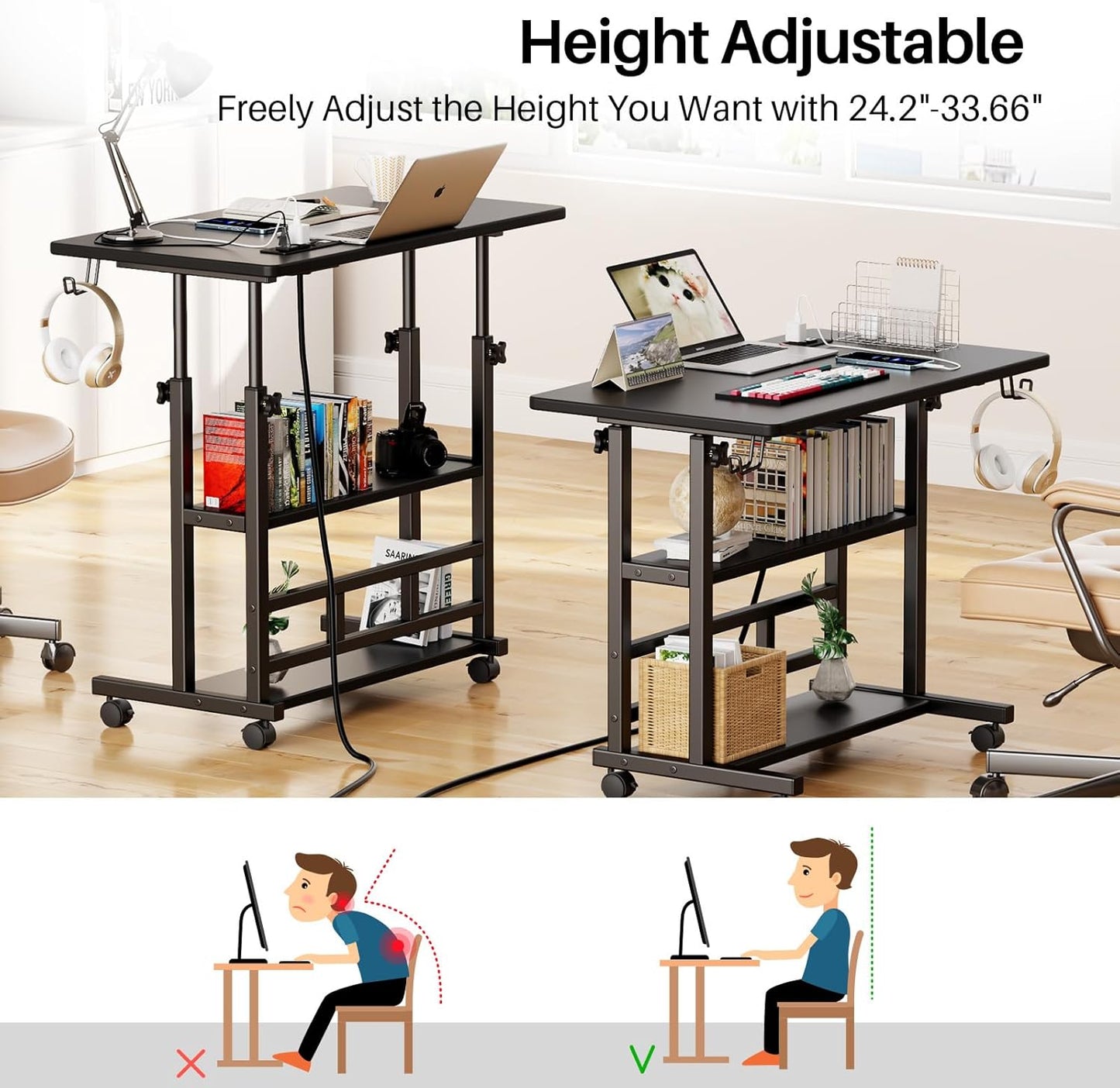 Adjustable Height Standing Desk with Power Outlets, Rolling Stand Up Desk with Storage Shelves, 31.5" Small Mobile Computer Desk, Portable Laptop Table (Black)