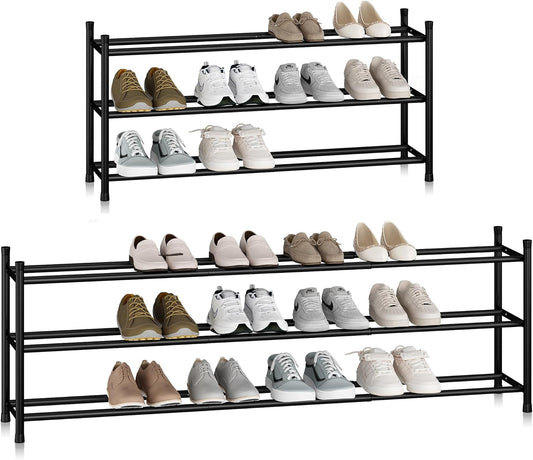 STORAGE MANIAC Long Expandable Shoe Rack, 18 Pairs Metal Wide Stackable Shoe Rack, Adjustable Shoes Shelf, Freestanding Shoes Organizer for Closet, Entryway, Hallway, Garage, Front Door, 3 Tiers