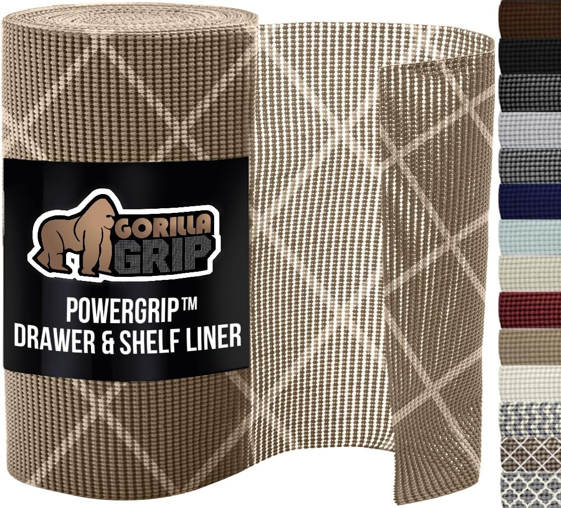 GORILLA GRIP powerGRIP Drawer Shelf and Cabinet Liner, Thick Strong Hold, Non-Adhesive Liners Protect Kitchen Cabinets and Cupboard, Bathroom Drawers, Easy Install, Breathable Mat, 20" x30', Beige