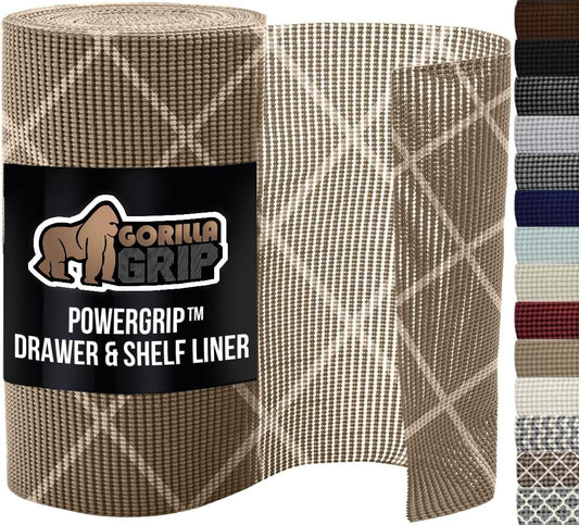 GORILLA GRIP powerGRIP Drawer Shelf and Cabinet Liner, Thick Strong Hold, Non-Adhesive Liners Protect Kitchen Cabinets and Cupboard, Bathroom Drawers, Easy Install, Breathable Mat, 17.5" x30', Beige