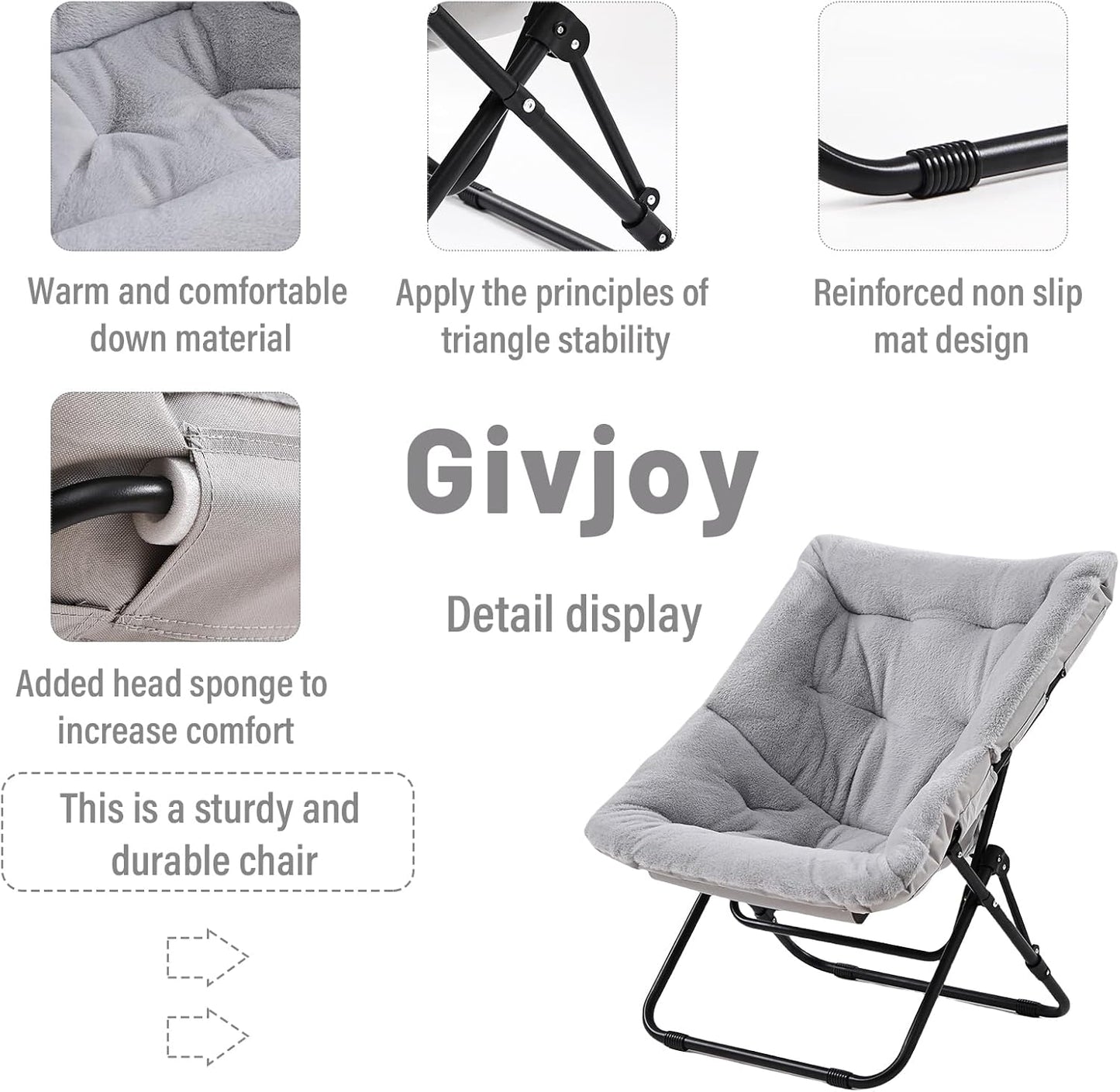 Comfy Folded Chair, Soft Faux Fur Oversized Folding Accent Chair, Flexible Lounge Lazy Chair for Adults Kids, Metal Frame Moon Chair for Dorm Room, Bedroom, Living Room