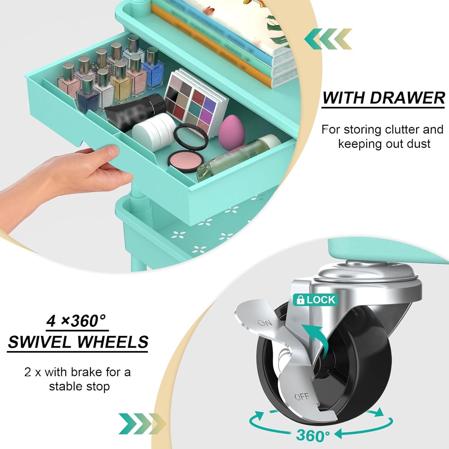 Goovilla 3 Tier Rolling Utility Cart Organizer with Removable Drawer, Stable and Sturdy Blue Rolling Storage Carts with 2 Lockable Wheels for Bathroom, Kitchen, Snack, Craft, Makeup, Baby Essentials