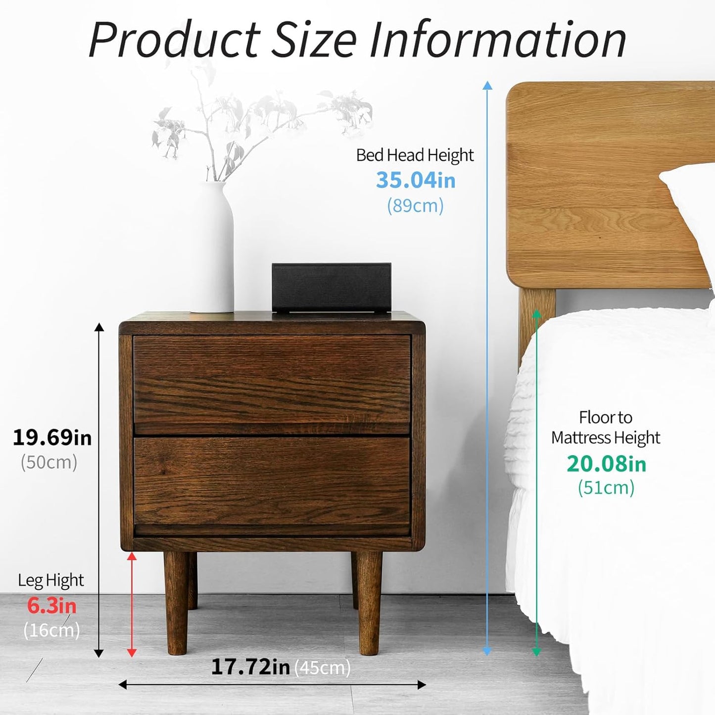 Night Stand, Mid Century Modern Nightstand w/2 Drawers, Boho Small Bedside Table, Oak Solid Wood, 17.72 W x 15.75 D x 19.69 H Inches (Walnut, Double Drawer)