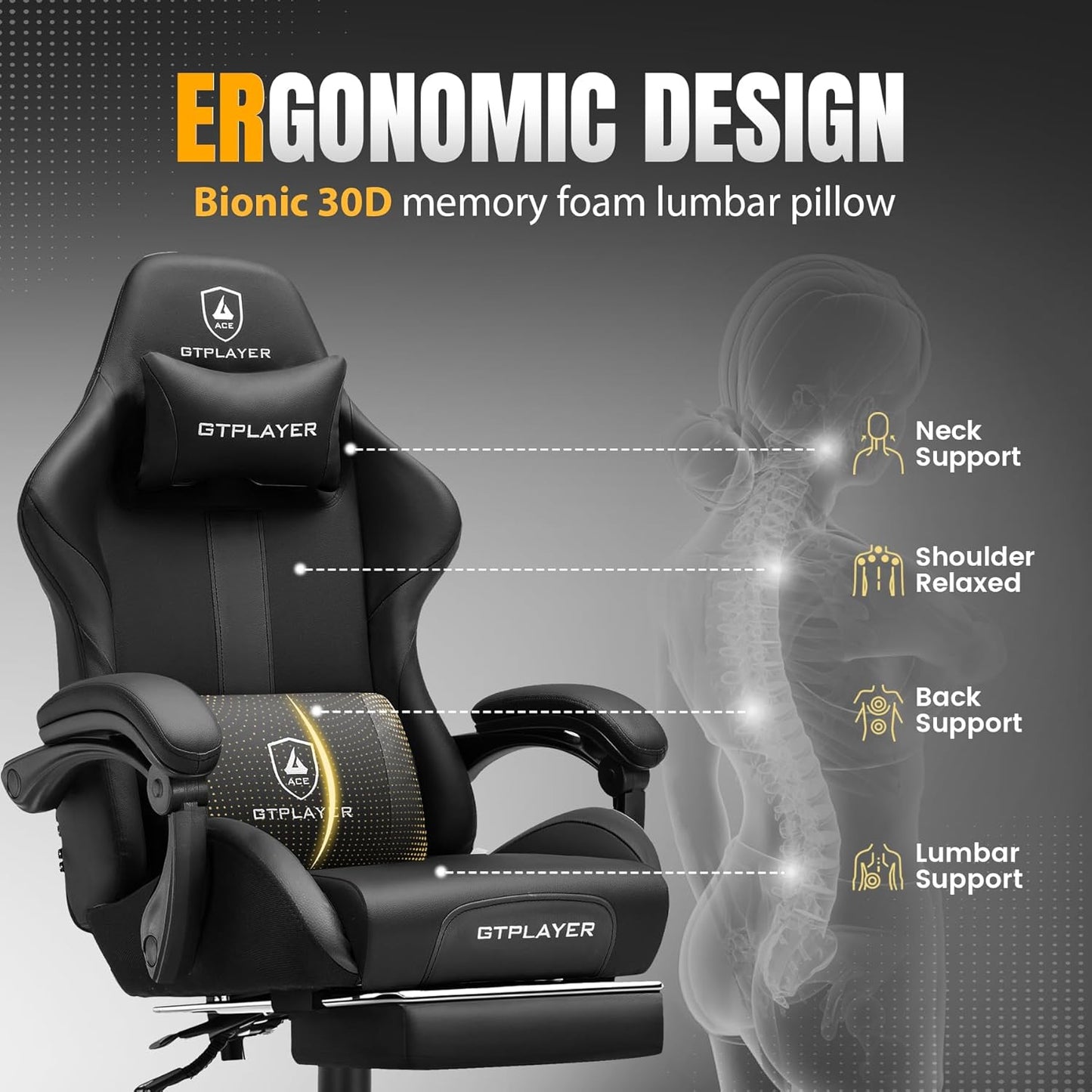 GTRACING Gaming Chair with Foot Rest & Pocket Spring Cushion, Ergonomic High Back Computer Chair with Headrest & 360°-Swivel Seat for Home Office Desk, PU Leather, Black