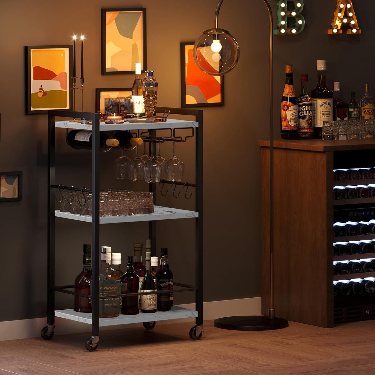 TUTOTAK Bar Cart, Home Bar Serving Cart, Small Wine Cart with 3-Tier Shelf, Beverage cart, Drink Cart with Wine Rack and Glass Holder, Rolling bar carts for Home, Living Room, Marble White BC01BM035