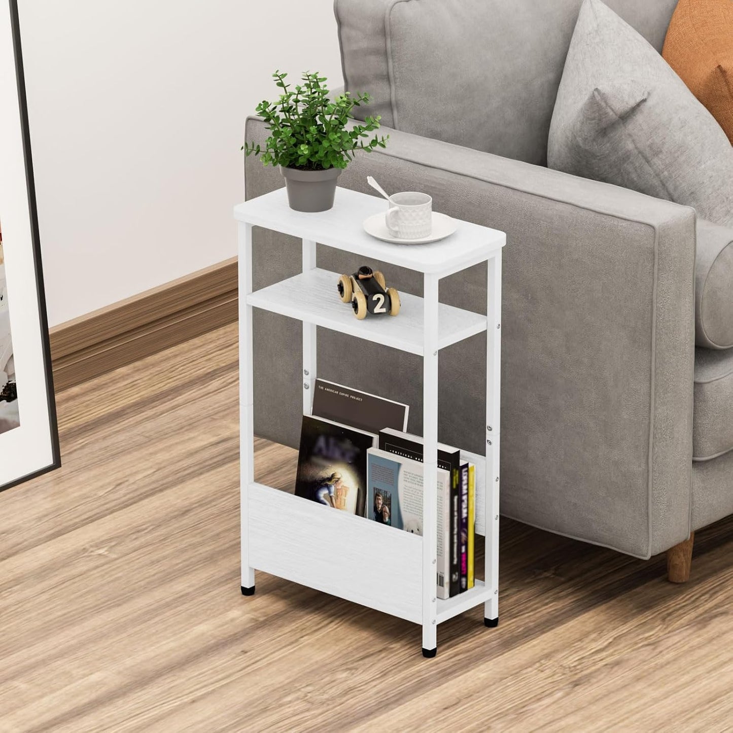 7.1" Narrow Side Table for Small Spaces, 3 Tier Small End Table with Magazine Holder, Slim/Skinny Nightstand/Bedside Table for Living Room, Bedroom, 15.4" L x 24.2" H, White