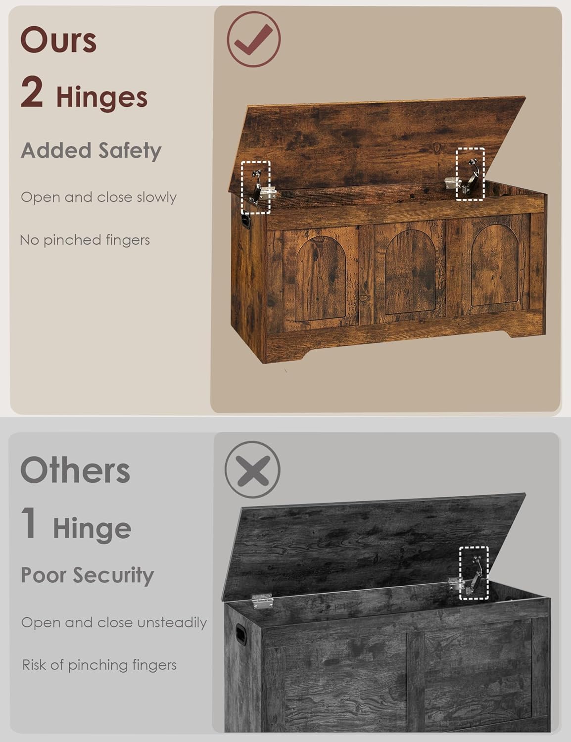 DINZI LVJ Storage Chest, 39.4”Wooden Storage Box with 2 Safety Hinges, Entryway Shoe Bench with Flip-Top, Trunk for Living Room, Bedroom, Easy Assembly, Rustic Brown