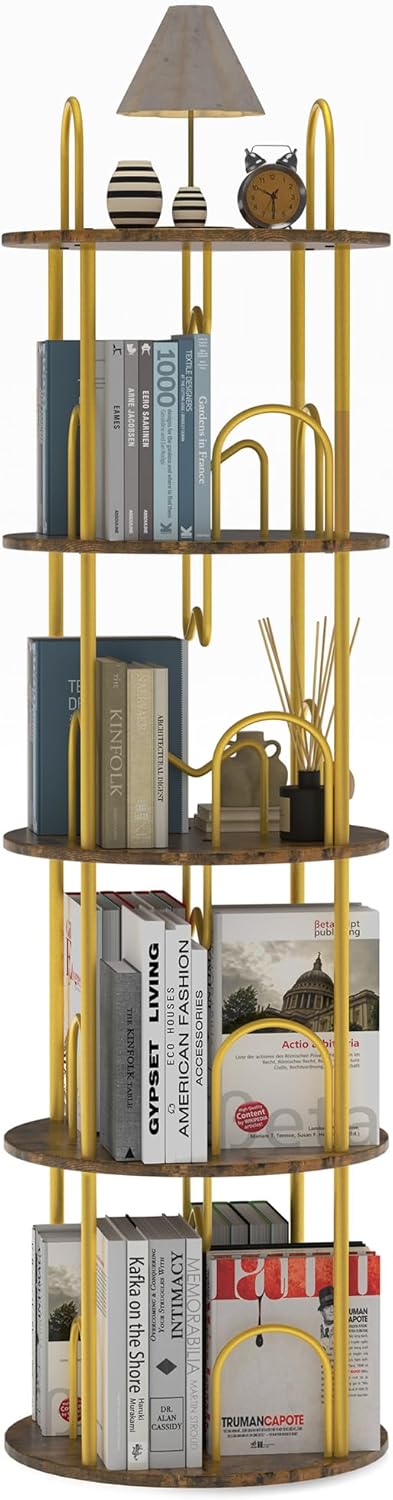 4 Tier Rotating Bookshelf, 360° Spinning Bookshelf Tower, Round Narrow Space Saving for Books and Display, Revolving Bookcase Corner Tall Book Shelf for Small Spaces, Bedroom, Living Room, Gold