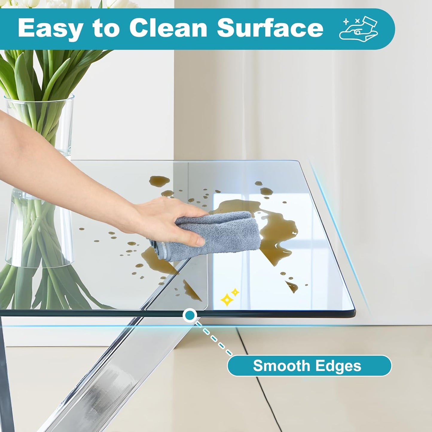 Dining Table for 4 Modern 35.43" Rectangular Glass Dining Table Kitchen & Dining Room Tables with Metal Base for Dining Room and Apartment, Chrome