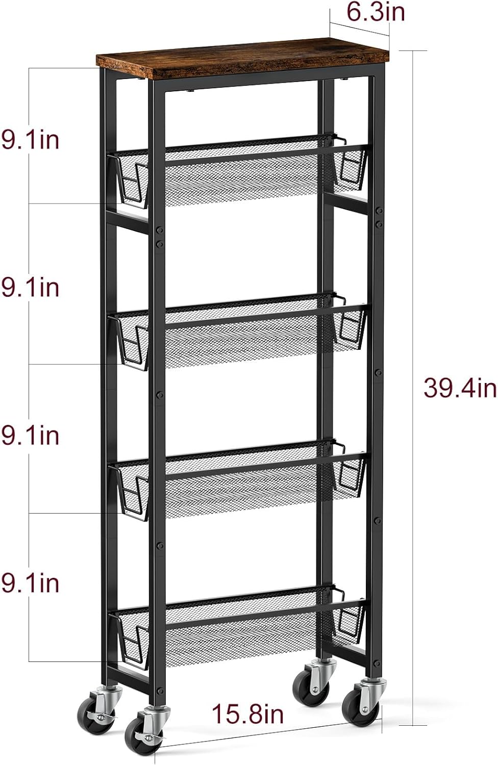 Honest Slim Storage Cart 5-Tier Slim Rolling Cart with Metal Frame and Wooden Top, 6.3 Inches, for Kitchen, Dining Room, Living Room, Bathroom, Home Office, Rustic Brown and Black