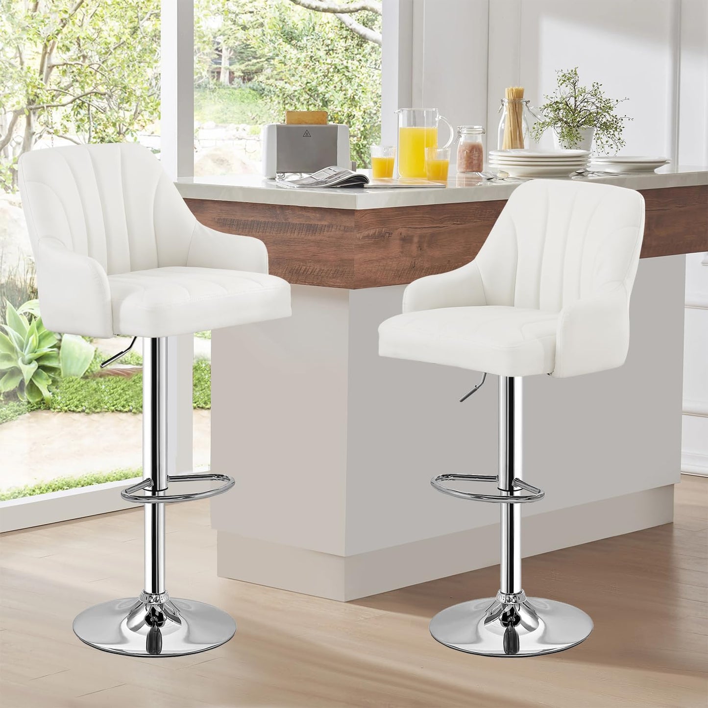 VECELO Bar Stools Set of 2, Adjustable Barstools, Counter Height Stools with Back and Arm, Kitchen Island Stools, Swivel PU Leather Stools, Modern Style, White