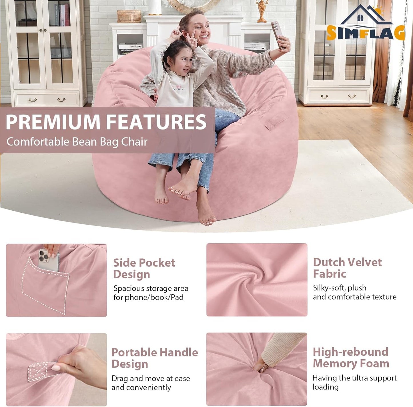 3FT Bean Bag Chair, Comfy Bean Bag Chairs with Memory Foam Filled, Fluffy Beanbag Sofa with Dutch Velvet Cover, Round BeanBag Chairs for Living Room, Playroom - Light Pink