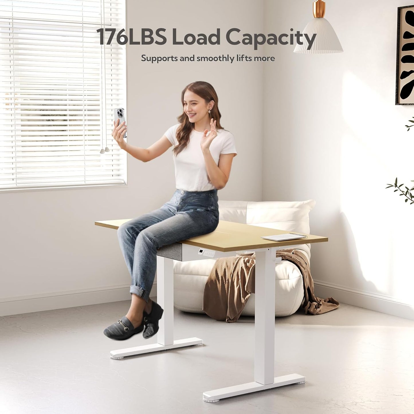 Seang Standing Desk with Drawer, 40" x 24" Height Adjustable Stand Up Desk, 3 Memory Height Settings with Cable Grommets & Storage Hooks, Ideal for Home & Office, Nature