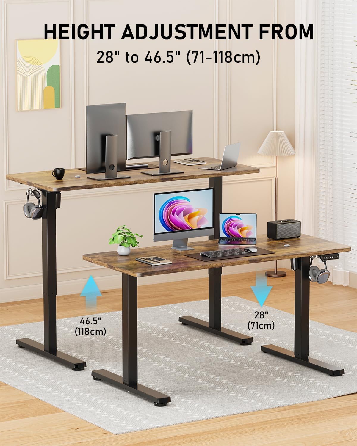 Electric Standing Desk, Large Height Adjustable Stand up Desk, 48 x 24 Inches Sit Stand Home Office Desk, with Splice Board, Black Frame/Rustic Brown Top
