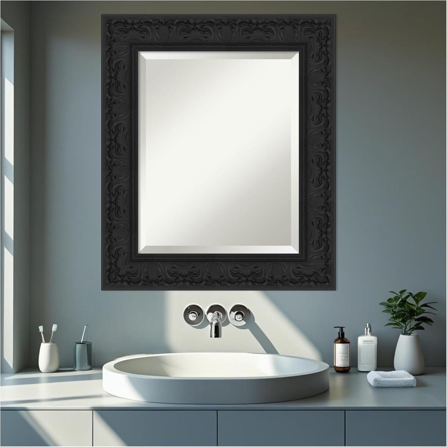 Amanti Art Black Bathroom Mirror for Over Sink, 27x23 Luxe Black Rectangle Vanity Mirror, Small Traditional Frame, Hangs Horizonally and Vertically, Bathroom Wall Decor, Beveled Edge
