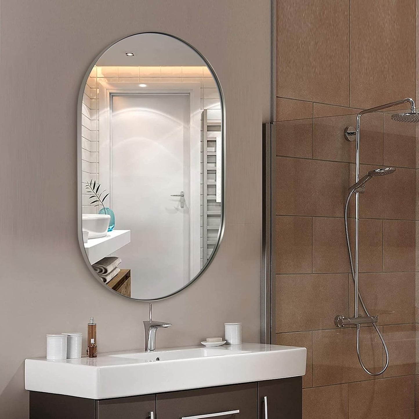 ANDY STAR Brushed Nickel Oval Bathroom Mirror, 24x36 Nickel Pill-Shaped Mirror, Oval Mirrors Wall-Mounted Mirror Vertical/Horizontal