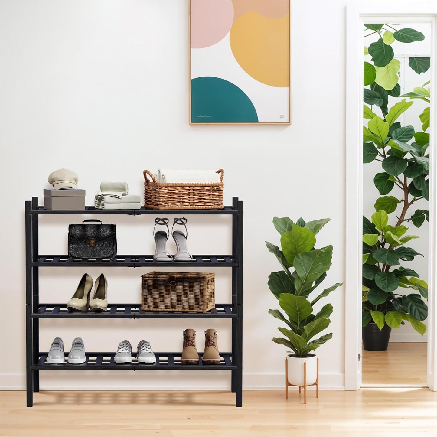 Haddockway 4 Tier Bamboo Shoe Rack Storage Organizer, Multifunctional Free Standing Stackable Shoe Shelf with Grid Panel for Closet,Hallway,Entryway,Small Space 27"x11"x26" (Black, 4 Tier)