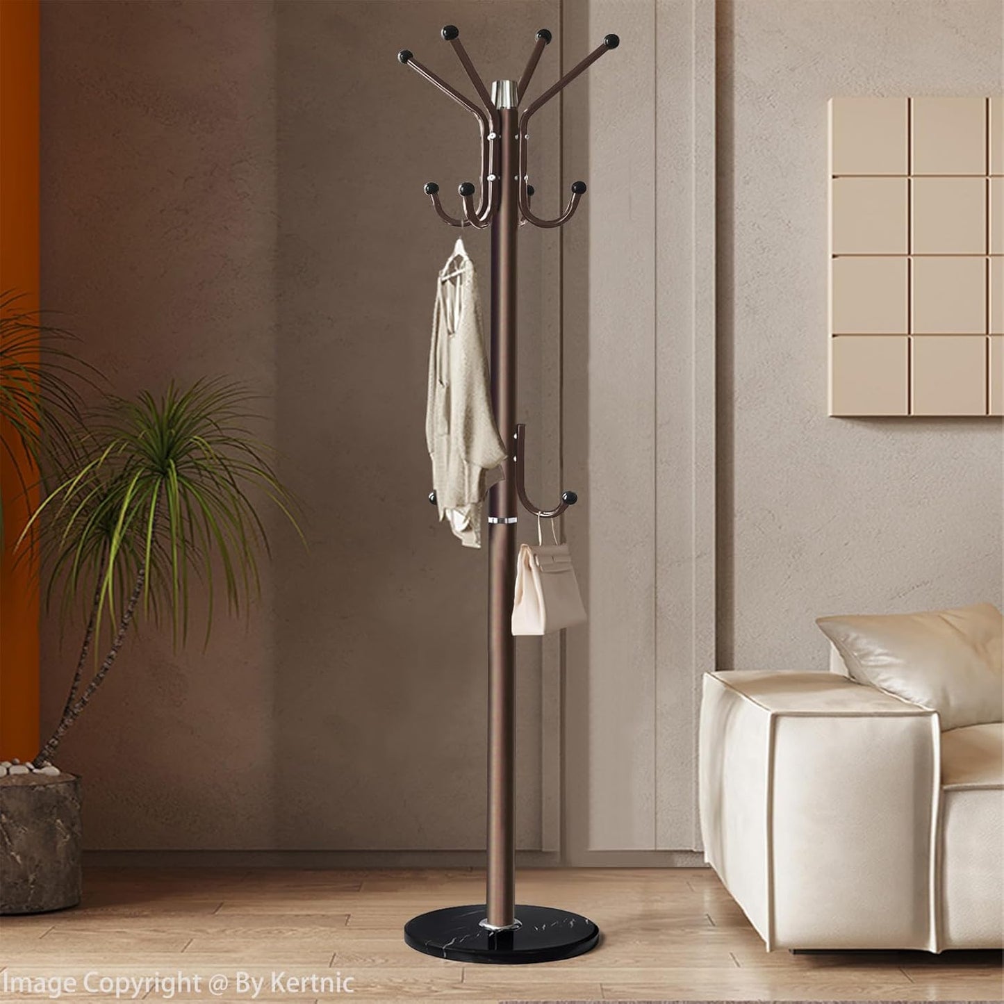 Kertnic Modern Coat Rack Freestanding with Natural Marble Base & Sturdy Metal Frame, 11 Hooks Hall Tree for Jackets, Hats, Bags, Entryway Organizer for Bedroom, Living Room, Closet (Bronze)