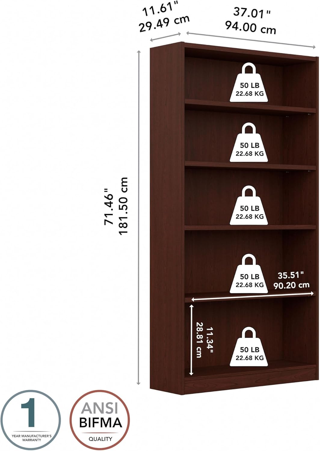 Bush Furniture Universal Tall 5 Shelf Bookcase in Vogue Cherry, Vertical Storage and Display Bookshelf for Home Office or Living Room Organization