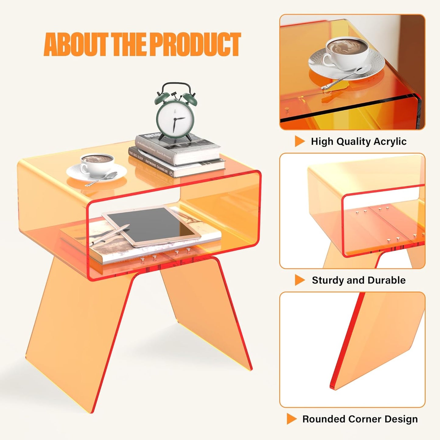 Acrylic Side Table with Easy Assembly Mini Modern End Table/Nightstand for Bedroom, Living Room, or Bathroom Compact Design Orange