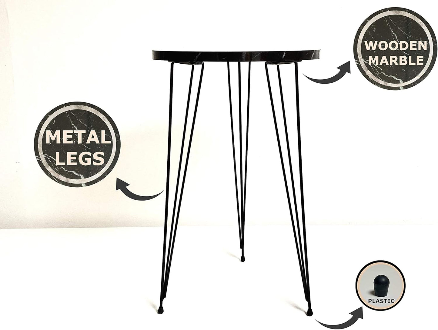 PAK HOME Set of 2 End Tables Round Wood Sofa Side Coffee Tables for Small Spaces, Nightstand Bedside Table with Metal Legs for Bedroom, Living Room, Office (Grey Marble High Gloss/Silver Legs)