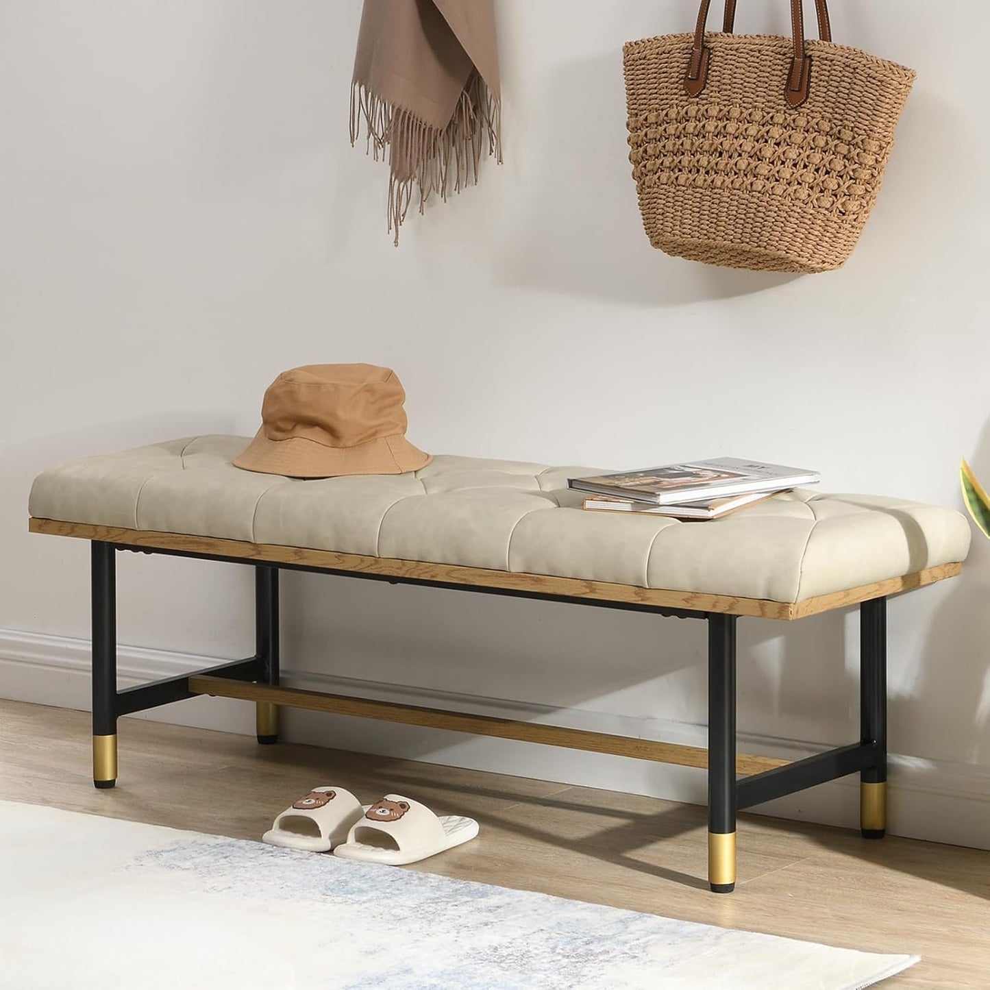 Shoe Bench Entryway, End of Bed Bench, Bench for Bedroom End of Bed, Modern Faux Leather Bench for Living Room, Entryway Bench Seat, Padded Bench with Solid Metal Shelf Gold, Beige