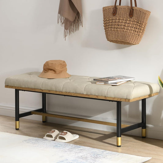 Shoe Bench Entryway, End of Bed Bench, Bench for Bedroom End of Bed, Modern Faux Leather Bench for Living Room, Entryway Bench Seat, Padded Bench with Solid Metal Shelf Gold, Beige