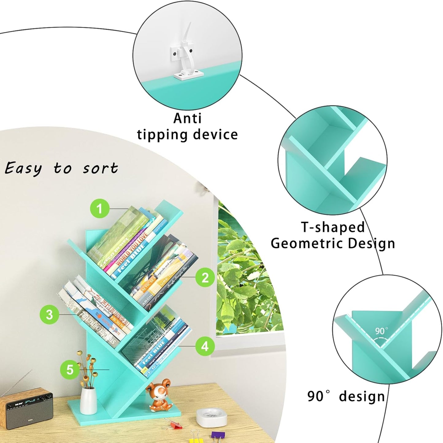 5 Tier Tree Book Shelf, Small Desktop Bookshelf with Storage Organizer, Wood Bookcase, Desk Display Bookshelves, Floor Standing Organizer Bookcases for Living Room,Bedroom,Office-Green