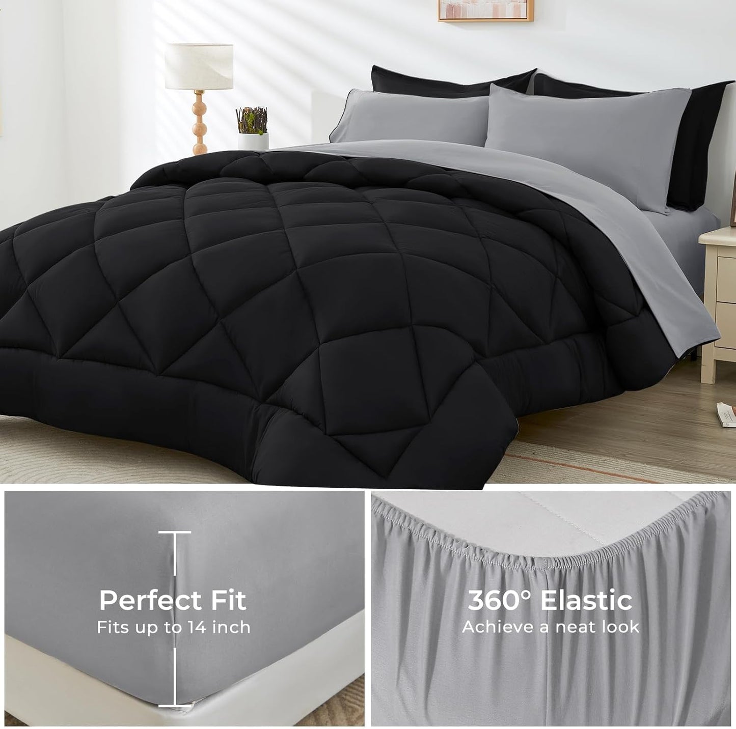 HEVUMYI Twin-XL Comforter Set - 5-Piece All Season Bed in a Bag Twin-XL, Ultra Soft Bedding Set with Comforter, Flat Sheet, Fitted Sheet, Pillowcases, Pillow Shams, Black & Light Grey