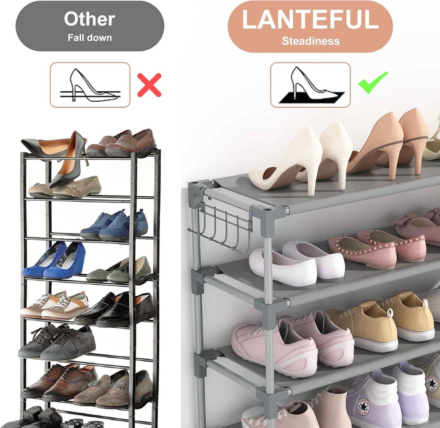 10 Tiers Shoe Rack 50 Pairs Large Capacity Tall Shoe Organizer Sturdy Shoe Storage with Two Hooks Space Saving Metal Wide Shoe Rack for Closet, Entryway, Bedroom, Grey